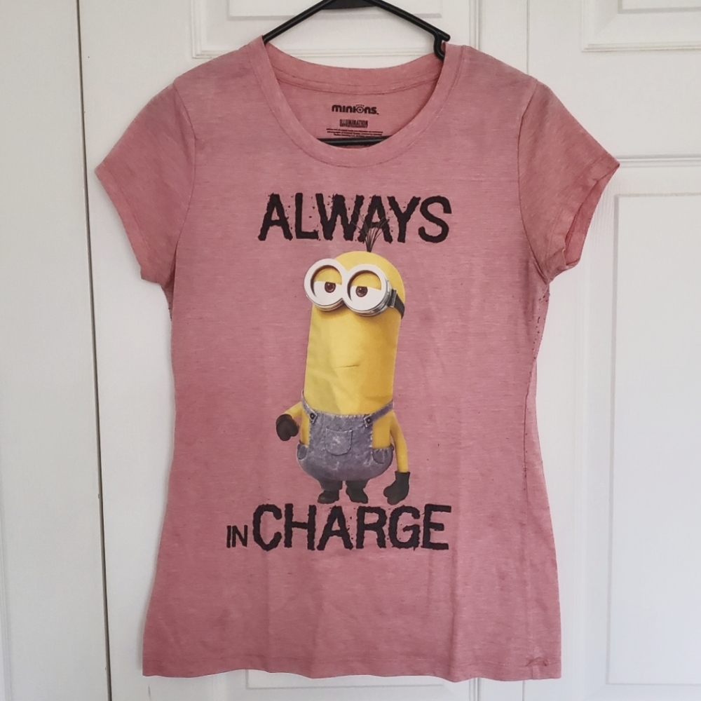 Minions "Always In Charge" Pink Woman's T-shirt Size L (11-13) Pre-owned